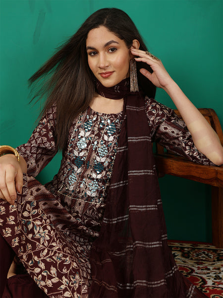 Women Brown Yoke Embroidery Kurta with Trouser & Dupatta