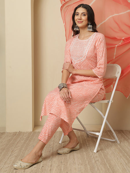 Women Cotton Printed Pink Straight Kurta with Trouser & Dupatta