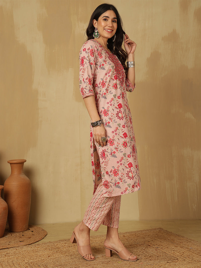 Women Pink Cotton Printed Kurta with Trouser & Dupatta