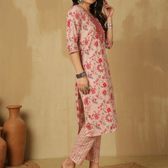 Women Pink Cotton Printed Kurta with Trouser & Dupatta