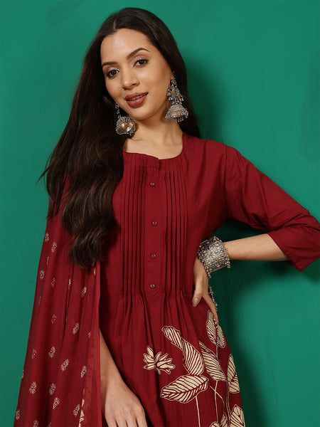 Women Cotton Discharge Printed A-line Kurta with Dupatta