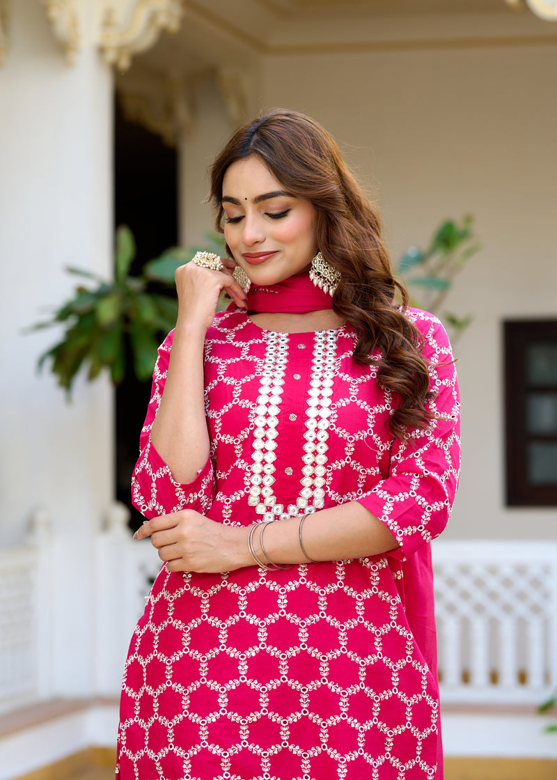 ANAISA Women cotton Schiffli embroidered Kurta with Trouser & Dupatta