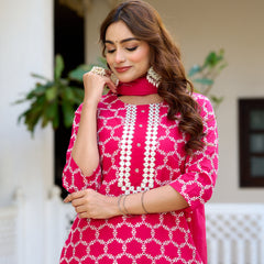 ANAISA Women cotton Schiffli embroidered Kurta with Trouser & Dupatta
