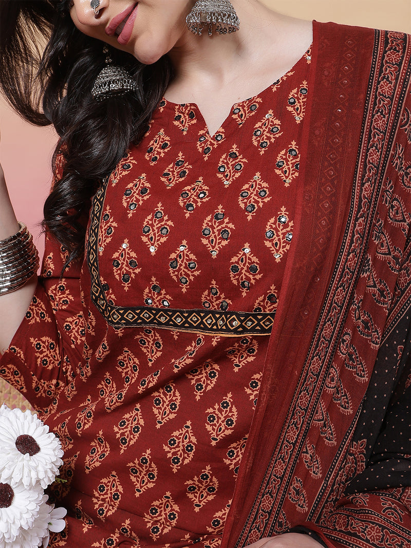 Women Black Cotton Hand Block Printed Kurta with Trouser & Dupatta
