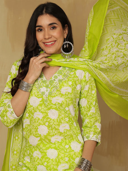 Women Green Cotton Printed Kurta with Trouser & Dupatta