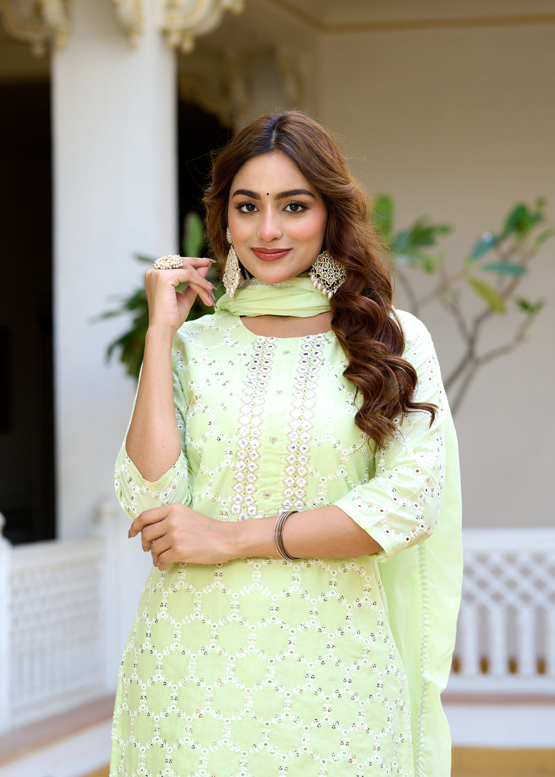 ANAISA Women cotton Schiffli embroidered Kurta with Trouser & Dupatta