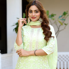 ANAISA Women cotton Schiffli embroidered Kurta with Trouser & Dupatta