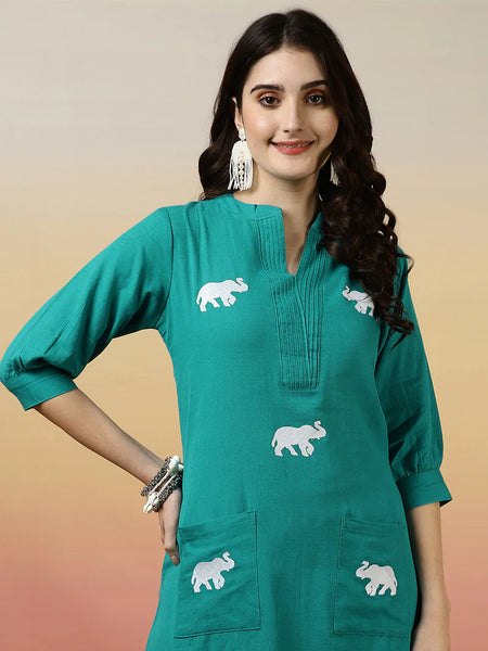 Women Solid Cotton Flex A-line Pocket Kurta with Palazzo Set