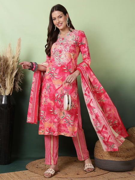 Women Red Printed Yoke Embroidery Kurta with Trouser & Dupatta