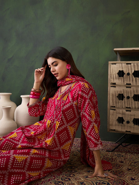 Women Pink Bandhani Printed Kurta With Trouser & Dupatta