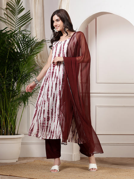 Women Wine Tie_Die Printed A_Line Kurta With Solid Bottom And Dupatta