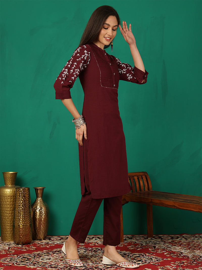 Women Maroon Silk Kurta with Trouser & Dupatta