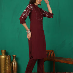 Women Maroon Silk Kurta with Trouser & Dupatta