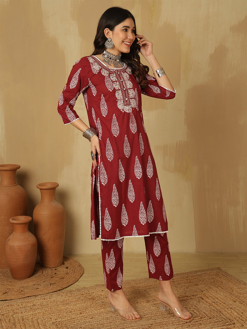 Women Wine Regular Wear Kurta With Trouser & Dupatta