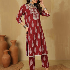 Women Wine Regular Wear Kurta With Trouser & Dupatta