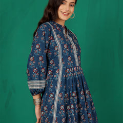 ANAISA Women Cotton Blue Printed Fit & Flare Summer Top
