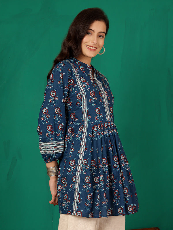 ANAISA Women Cotton Blue Printed Fit & Flare Summer Top