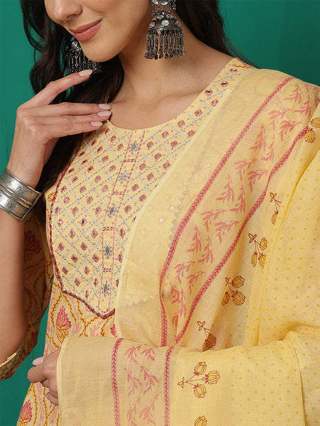 Women Yellow Cotton Round Neck, 3/4 Sleeves, Calf Length, Printed Kurta with Trouser & Dupatta