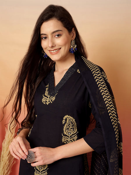 Women Black Cotton Printed V-neck Straight Kurta with Trouser & Dupatta