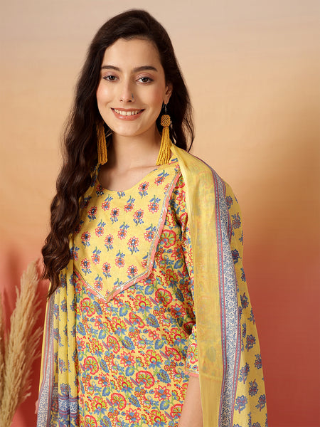 ANAISA Women Mustard Cotton Printed Round Neck, Calf Length, 3/4 Sleeves, Straight Kurta with Pant & Dupatta