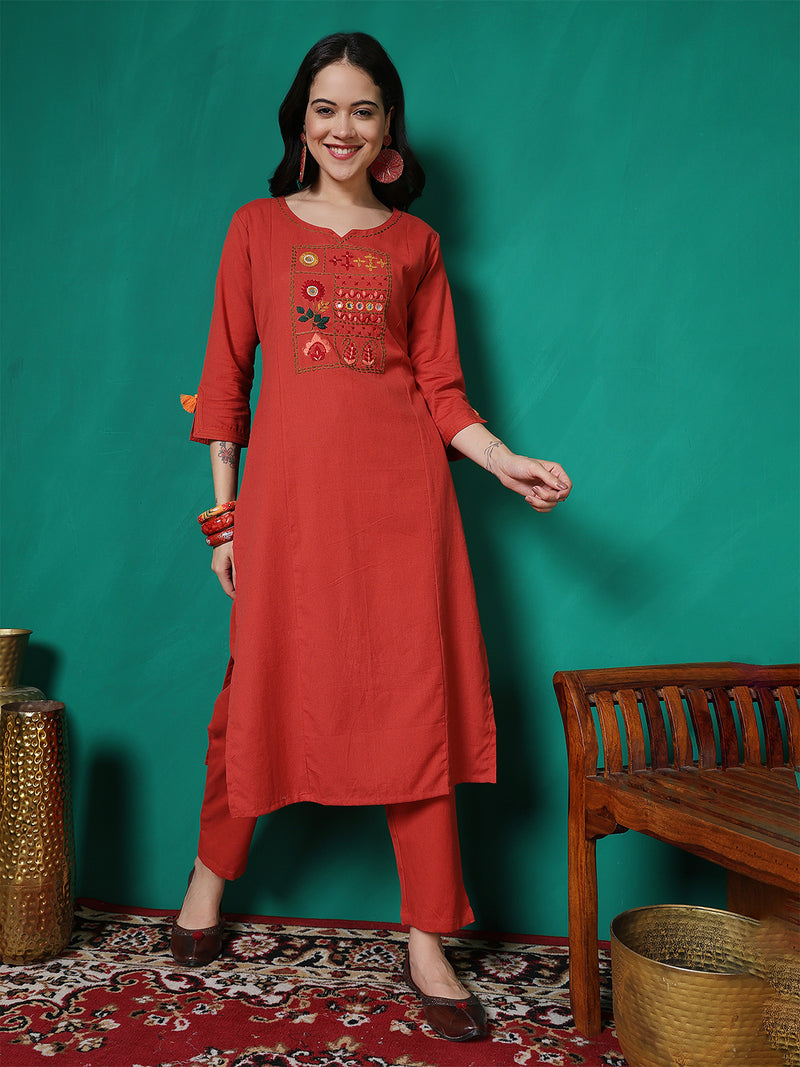 Women Lavender Cotton Flex Hand Work Kurta with Trouser Set