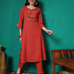 Women Lavender Cotton Flex Hand Work Kurta with Trouser Set