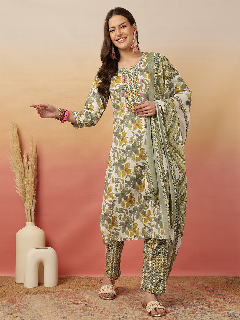 Women Olive Green Printed Yoke Embroidery Kurta with Trouser & Dupatta