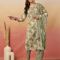 Women Olive Green Printed Yoke Embroidery Kurta with Trouser & Dupatta