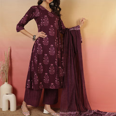 Women Purple Block Printed Front Slit Kurta With Palazzo Pant & Dupatta