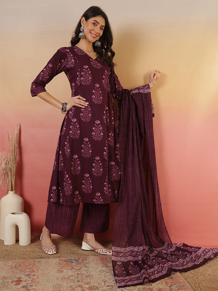 Women Purple Block Printed Front Slit Kurta With Palazzo Pant & Dupatta