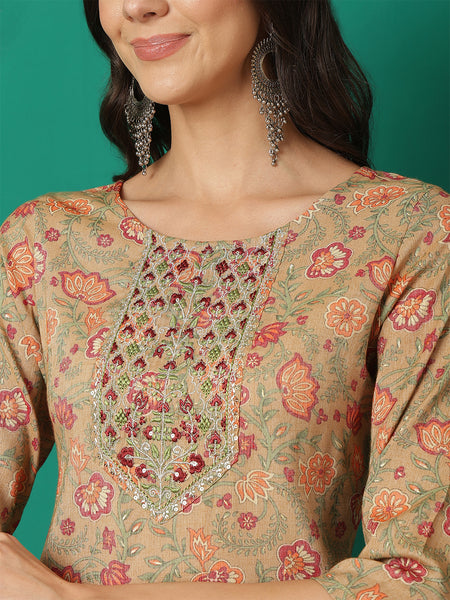 Women Brown Viscose Rayon Printed Straight Kurta with Trouser