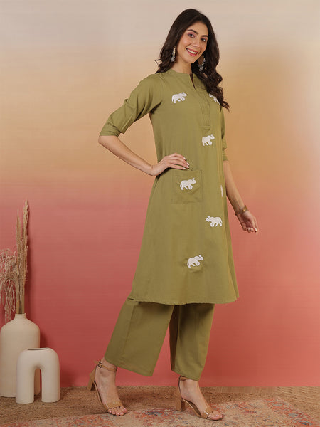 Women Solid Cotton Flex A-line Pocket Kurta with Palazzo Set