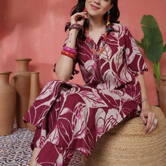 Women Purple Cotton Printed Kurta with Trouser Set