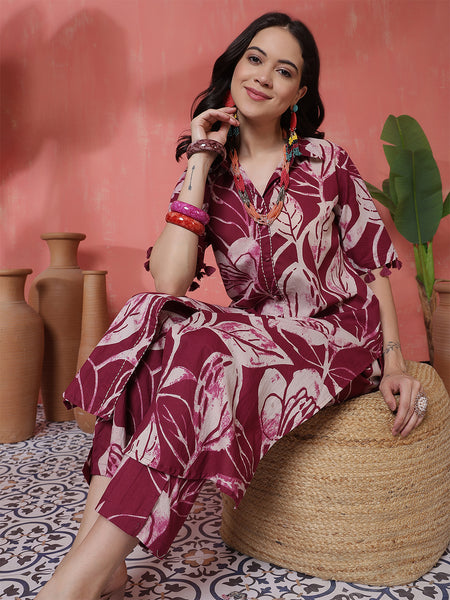 Women Purple Cotton Printed Kurta with Trouser Set