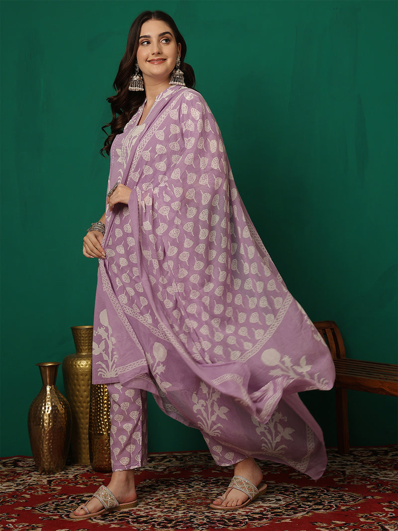 Women Purple Cotton Printed Straight Kurta with Trouser & Dupatta