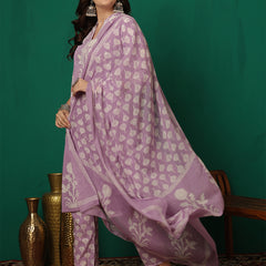 Women Purple Cotton Printed Straight Kurta with Trouser & Dupatta