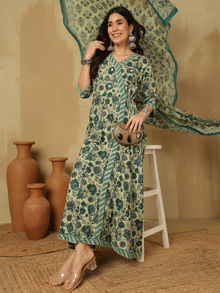 Women Green Printed Anarkali Kurta With Pant & Dupatta