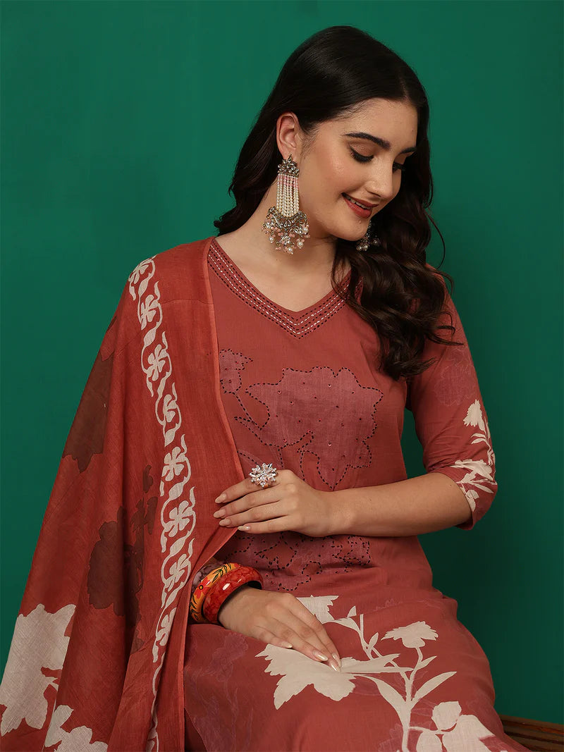 Women Cotton Printed Patch Work Kurta with Trouser & Dupatta