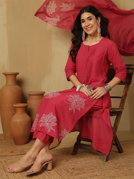 Women Cotton Discharge Printed A-line Kurta with Trouser & Dupatta