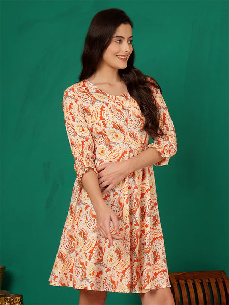 ANAISA Women Orange Pasley Printed Cotton , Round Neck, Knee Length Short Summer Dress