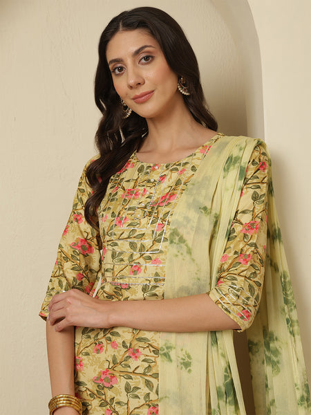 Viscose Rayon Yellow Printed, Round Neck Kurta with Trouser & Dupatta