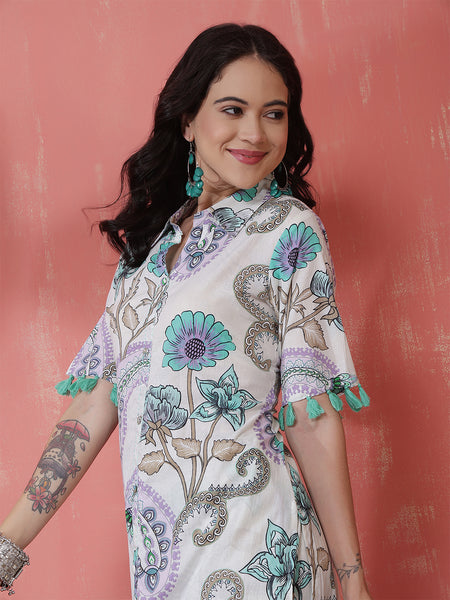 Women Green Pure Cotton Floral Printed Kurta with Trouser