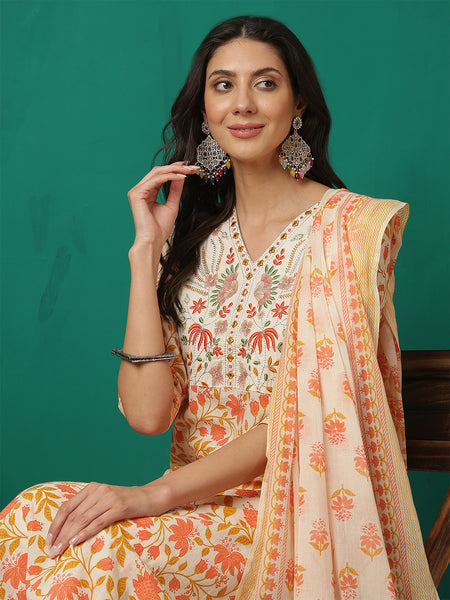 Women Orange Cotton Printed, V- Neck, 3/4 Sleeves, Calf Length Kurta with Trouser & Dupatta