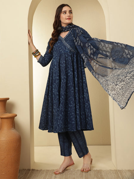 Women Cotton Indigo Printed Angrakha Anarkali Kurta with Trouser & Dupatta