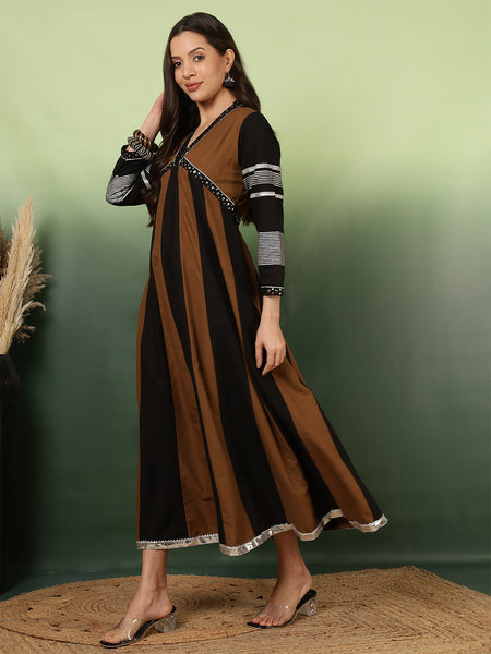 Women Cotton Brown A-line Long Dress