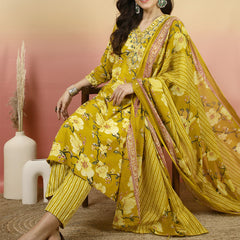 Women Yellow Floral Printed Yoke Embroidery V-neck Kurta with Trouser & Dupatta
