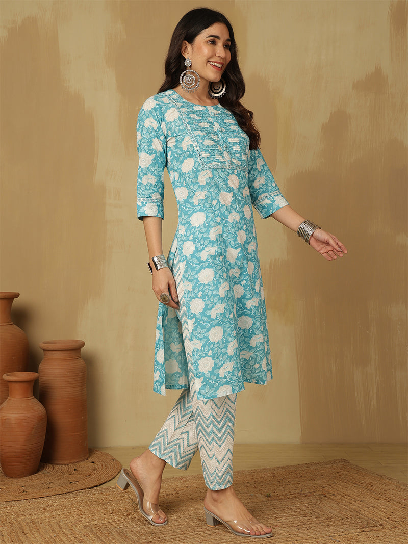 Women Sky blue Cotton Floral Printed Kurta With Trouser & Dupatta