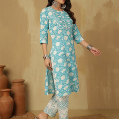 Women Sky blue Cotton Floral Printed Kurta With Trouser & Dupatta