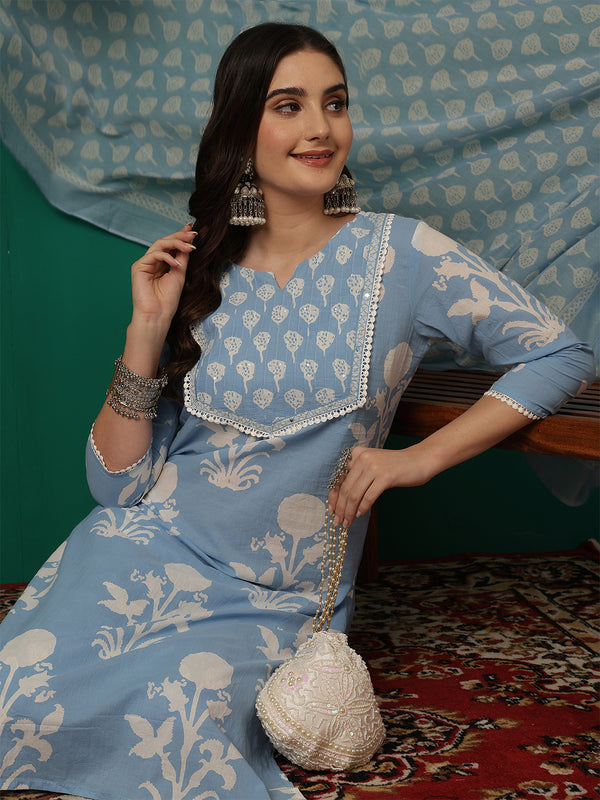 Women Iceblue Cotton Printed Round Neck Straight Kurta with Trouser & Dupatta