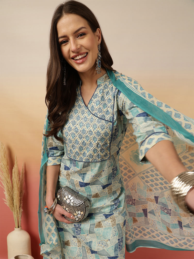 Women Blue Digital Printed V-neck Kurta with Trouser & Dupatta